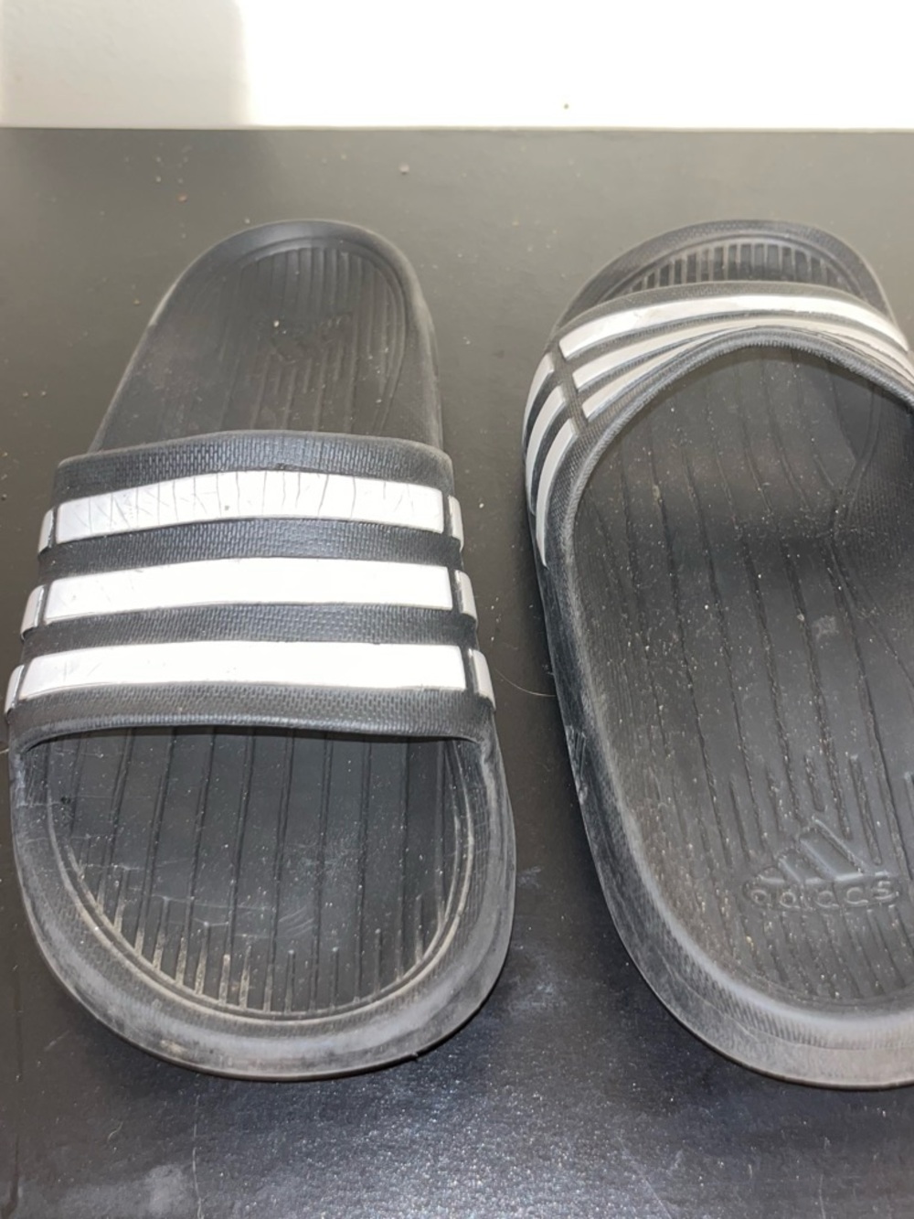 adidas Kids Black Slides with White Stripes